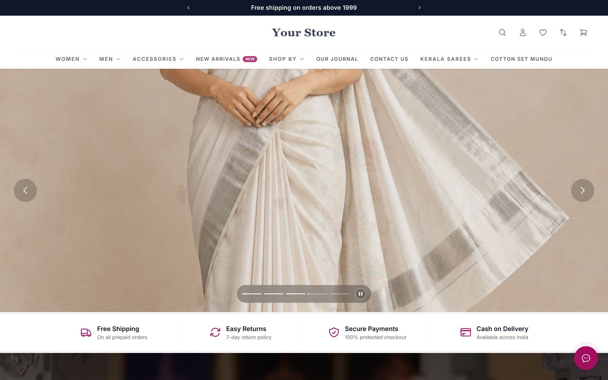 A branded, mobile-first storefront home page built on Quanta, with banners, category navigation and trust badges